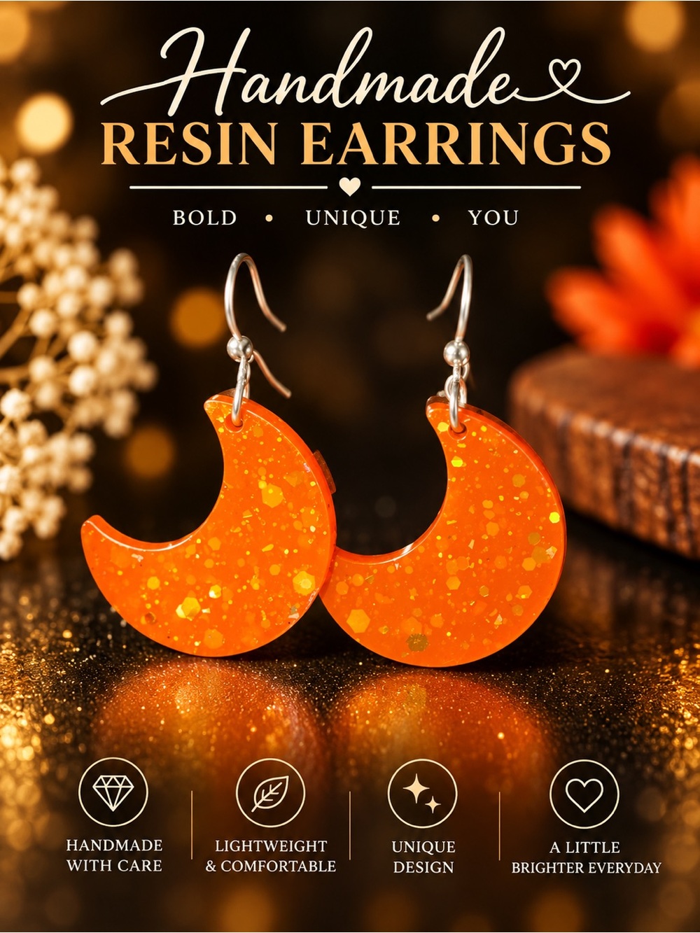 Handmade Neon Orange Glitter Resin Crescent Moon Earrings